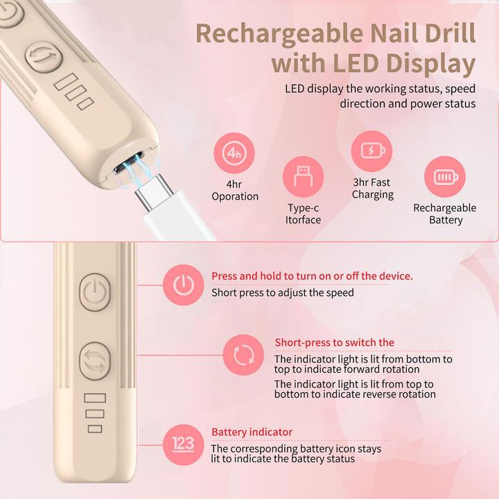 Elektrische Nagelfräser Professionell Elektrisch Nagelfeile für Gelnägel USB Wiederaufladbare 20000