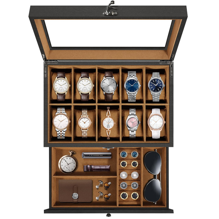 Uten Uhrenbox mit 10 Fächern, 2 Ebenen Uhrenkasten aus Massivholz mit Glasdeckel, Uhrenkissen Seiden