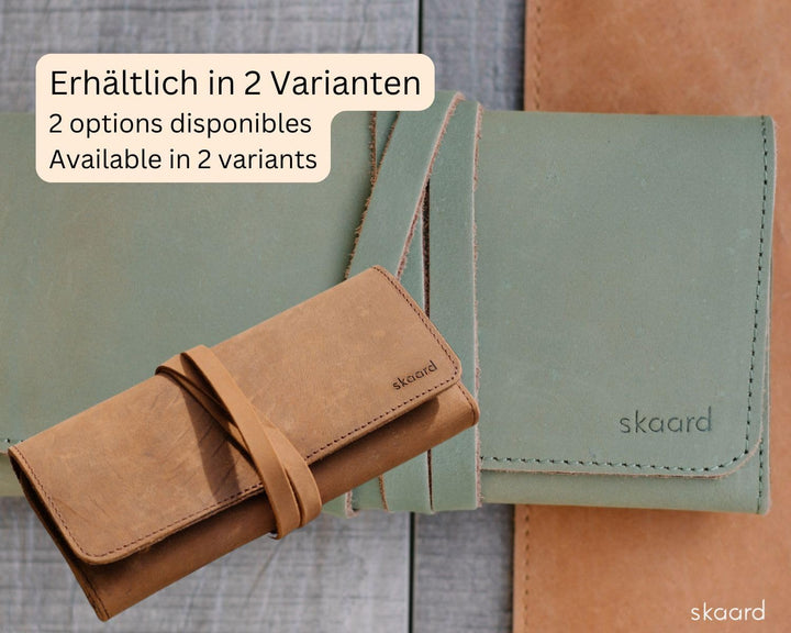skaard Federmäppchen, echtes Leder, für Stifte & Pinsel, grün, Stifteetui gross Grün-braun, Grün-bra