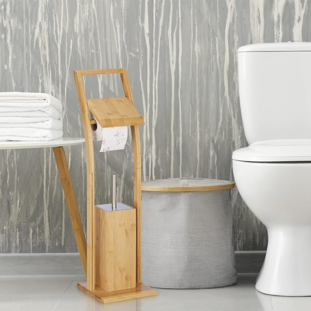 Relaxdays WC Garnitur, Bambus, Edelstahl, Klopapierständer mit Toilettenbürste, freistehend, HBT: 74
