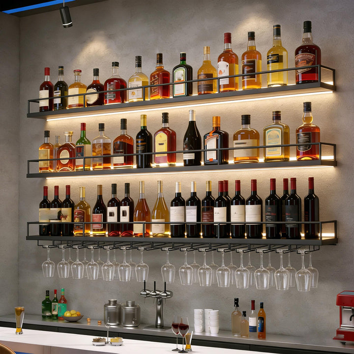 140CM Modernes Wand Weinregal Metall, 3 Ebenen Wandmontage Wine Display-Ständer mit Glashalter, Schw