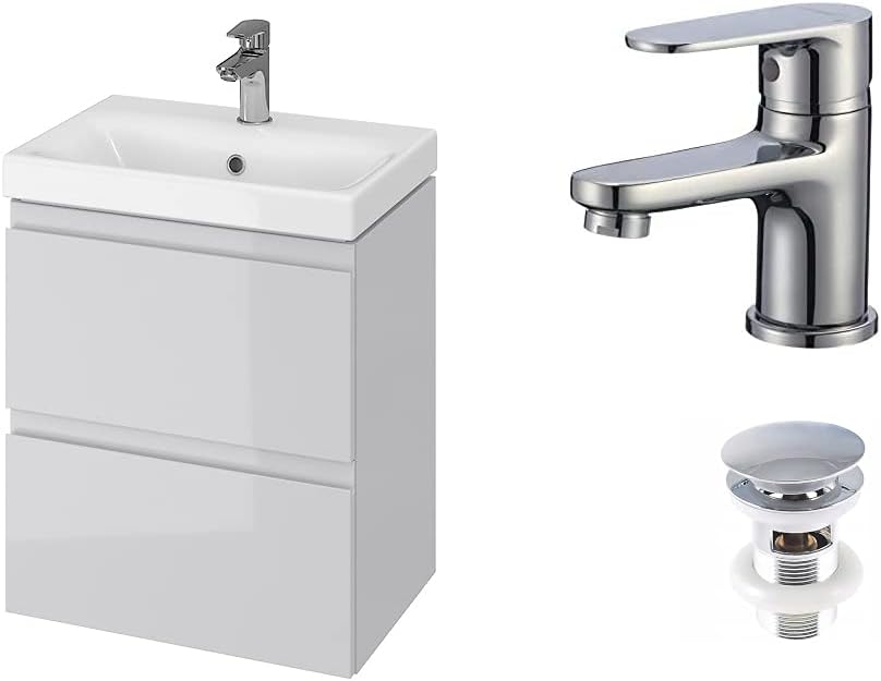 VBChome Badmöbel Slim 50 cm Grau mit Armatur und Pop-up ventil Waschbecken mit Unterschrank Waschtis