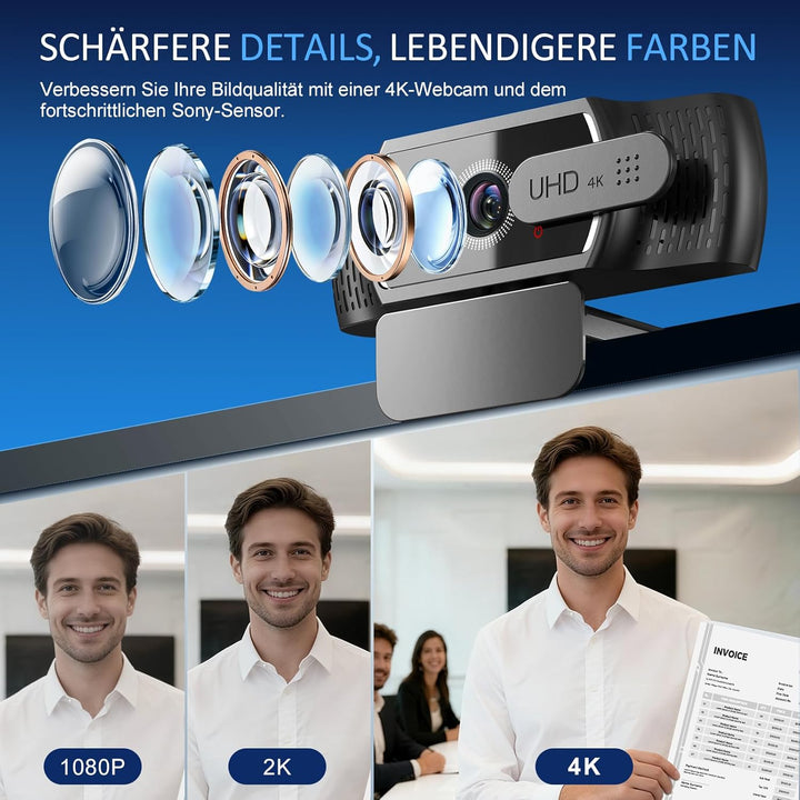 4K Webcam für PC mit Sony-Sensor, PDAF-Autofokus, Dual-Mikrofon mit Geräuschunterdrückung, Privacy-A