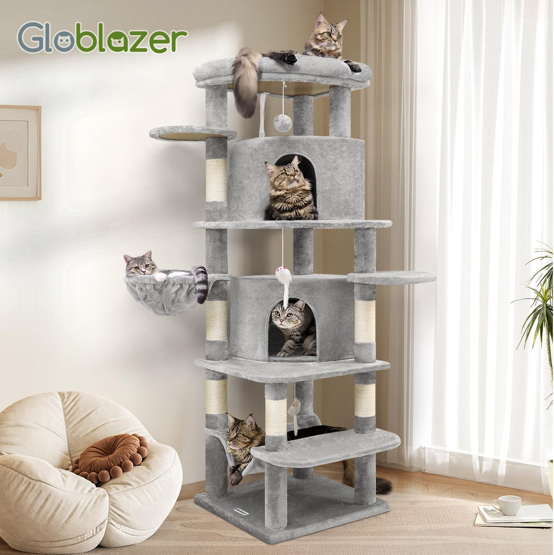 Globlazer Kratzbaum Katzen, Eckkratzbaum Stabil hoch 167 cm mit 2 Sektor Katzenhaus, Gepolsterte Pla