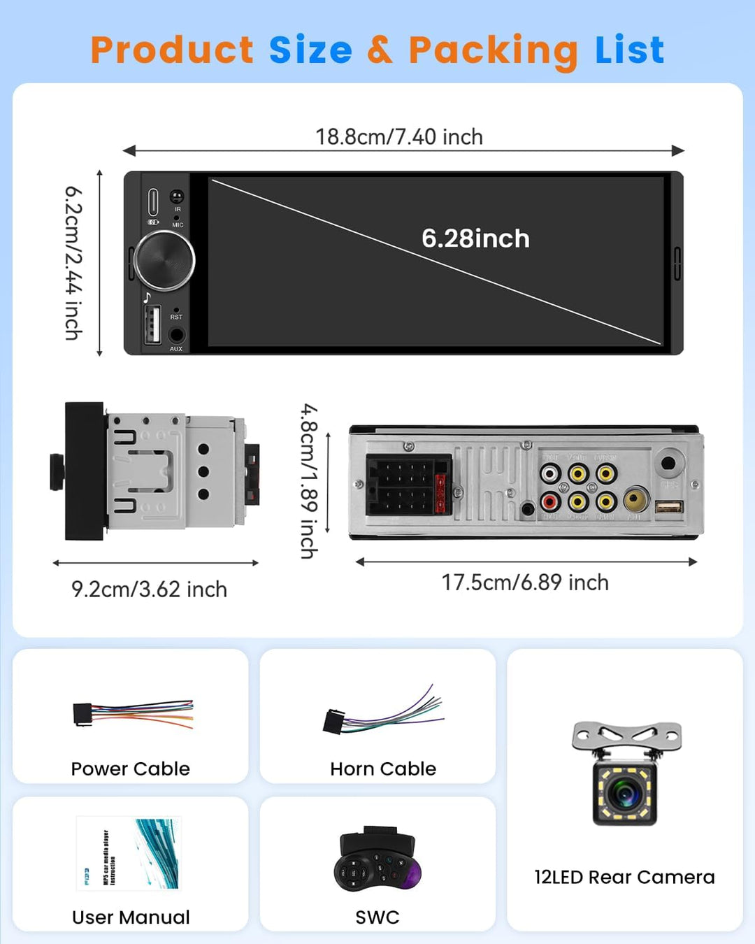 Hikity 1 DIN Autoradio mit Bluetooth CarPlay Android Auto, 6,28 Zoll Touchscreen-Player Stereo Auto