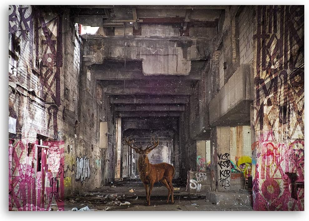 Feeby Bild auf Leinwand Hirsch Tier Graffiti 60x40 cm 1Teilig Wohnzimmer Schlafzimmer Modern Bilder