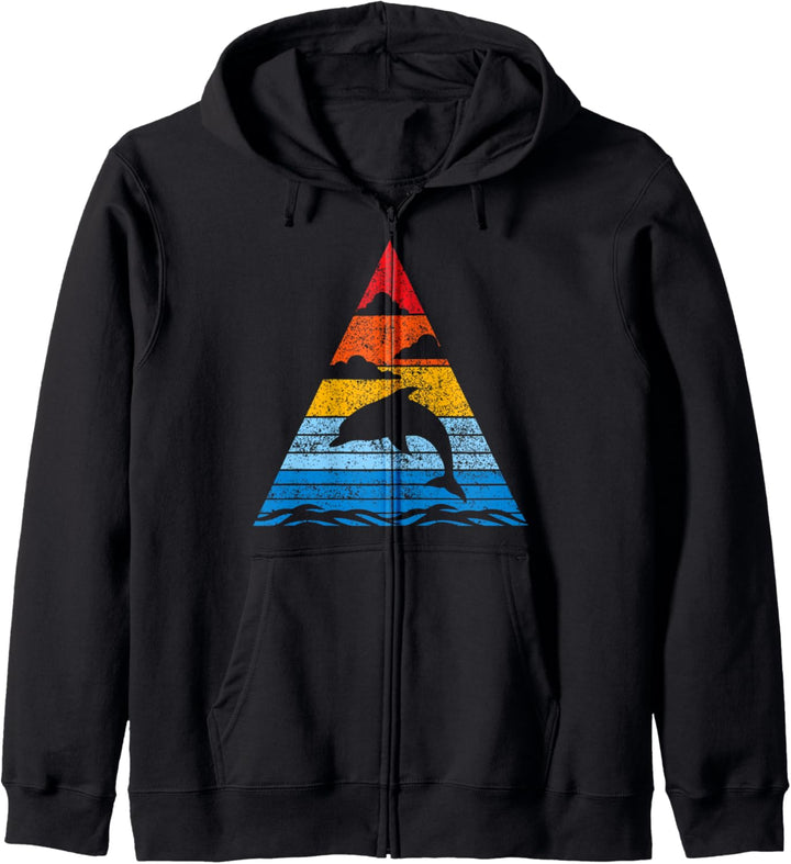 Retro Delfin Sunset Silhouette Ozean Damen Herren Kinder Kapuzenjacke