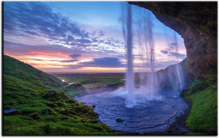DECLINA Bild aus Plexiglas, Motiv Seljalandsfoss Violett – Druck Glas Natur und Landschaft – Wanddek