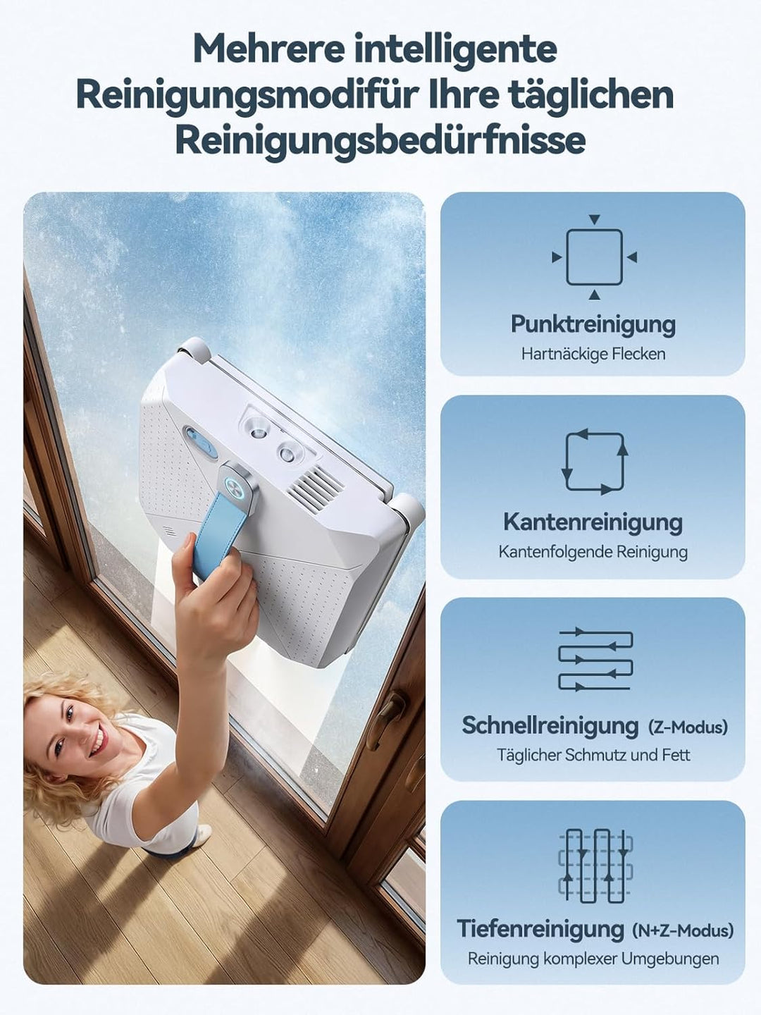 Keero Fensterputzroboter, 9000Pa Fensterreiniger elektrisch Vier-Düsen-System, Randerkennung, 4 Rein