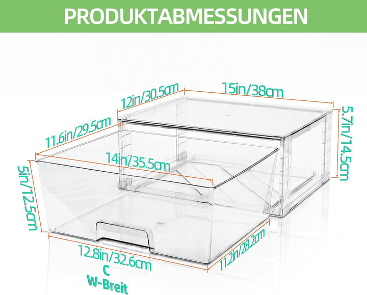 2er Set Breite Stapelbare Aufbewahrungsschubladen für Bad und Küche, Hochfeste Klare Acryl Organizer