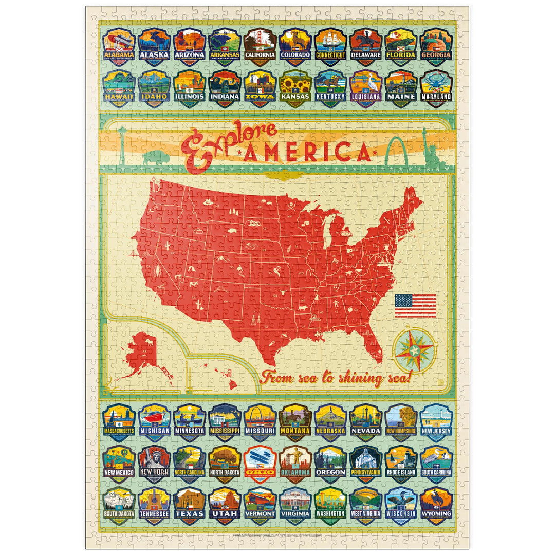 Entdecke Amerika: 50 Staatswappen, Vintage Poster - Premium 1000 Teile Puzzle - MyPuzzle Sonderkolle