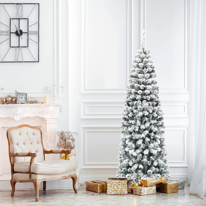 RELAX4LIFE Weisser Bleistift-Weihnachtsbaum 135/180/225 cm, Schneebedeckter Tannenbaum mit Metallstä