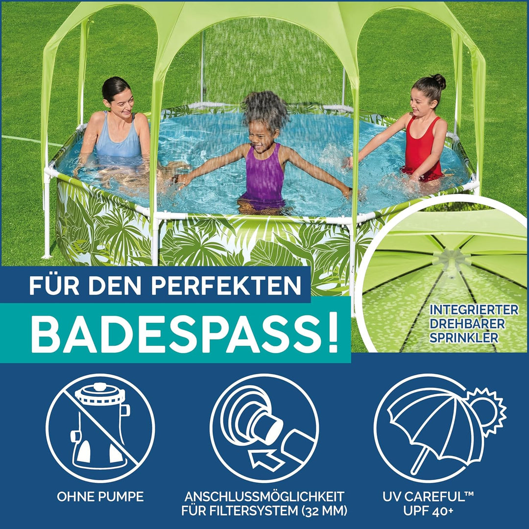 Bestway Steel Pro Frame Pool mit Sonnenschutzdach "Splash-in-Shade" ohne Pumpe Ø 244 x 51 cm, buntes