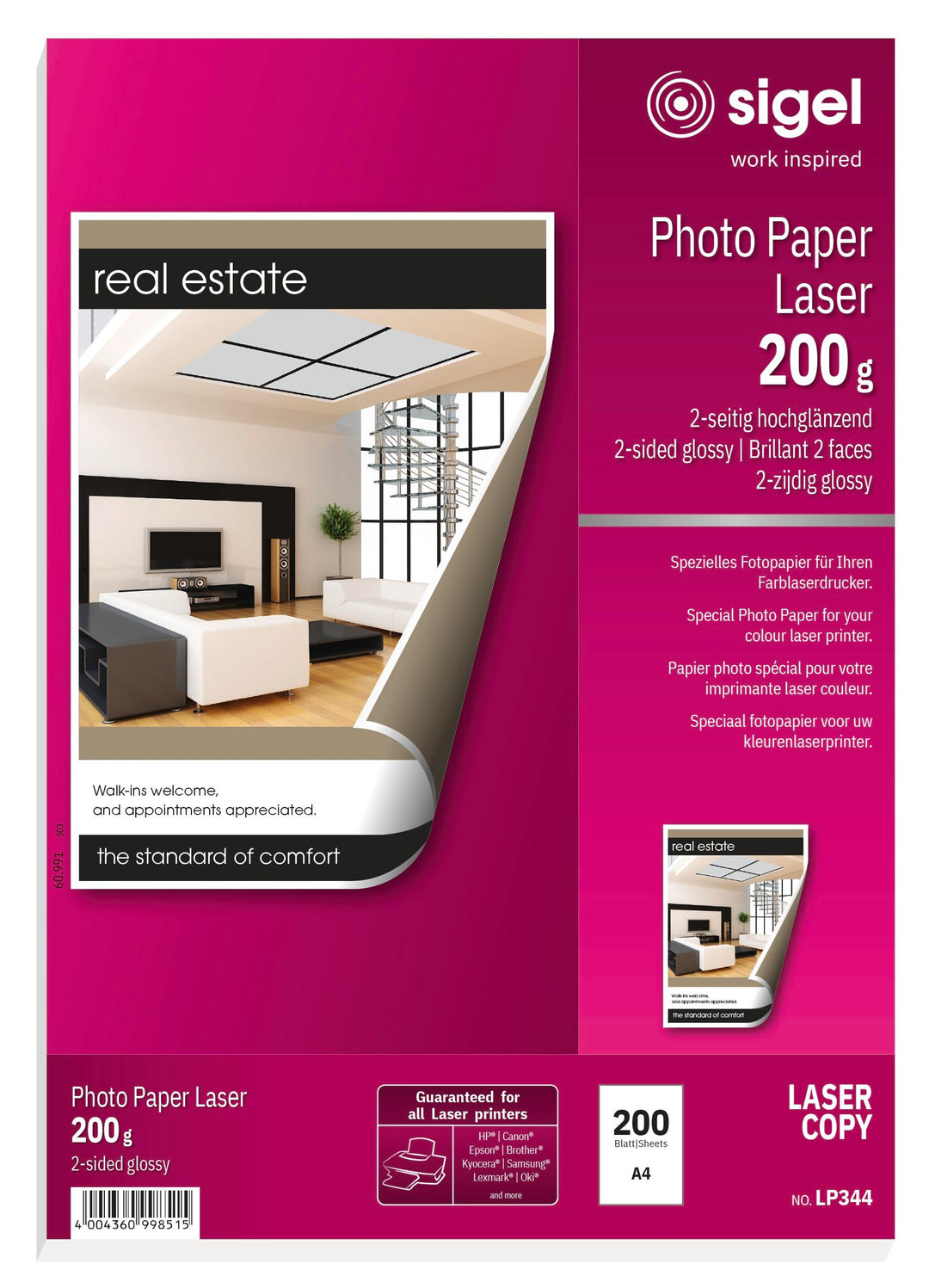 SIGEL LP344 Fotopapier für Laser / Kopierer, A4, 200 Blatt, hochglänzend, beidseitig bedruckbar, 200