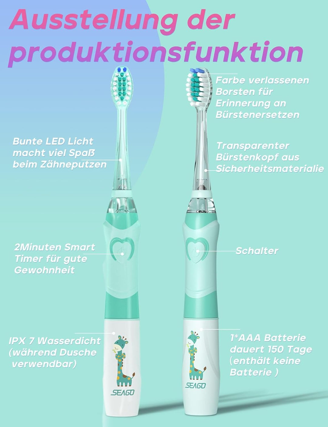 Seago Elektrische Zahnbürste Kinder mit 8 Extra Weiche Aufsteckbürste und 4 Persönliche Modi, LED Li