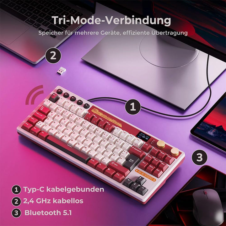 RK ROYAL KLUDGE M87 Mechanische Tastatur Kabellos mit Display und Doppelknopf, Gasket 75% Gaming Tas