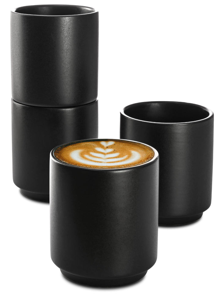 Cosumy Cappuccino Tassen 4er Set Schwarz aus Keramik - Stapelbares Design - Entworfen für Latte Art