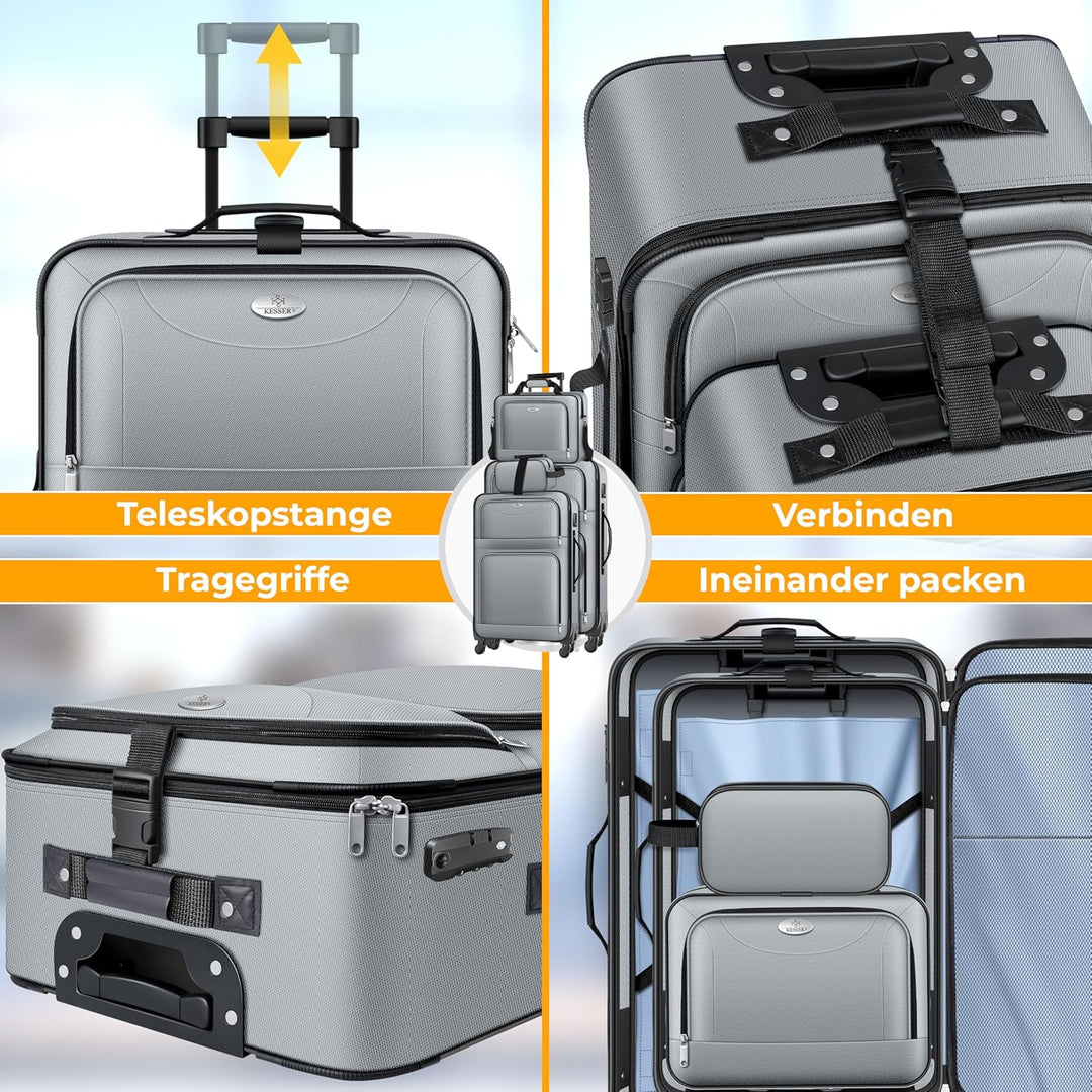 KESSER® Reisekoffer Set 4-teilig | Trolley Kofferset Stoffkoffer mit 3-Ziffern-TSA-Schloss, 360° Rol