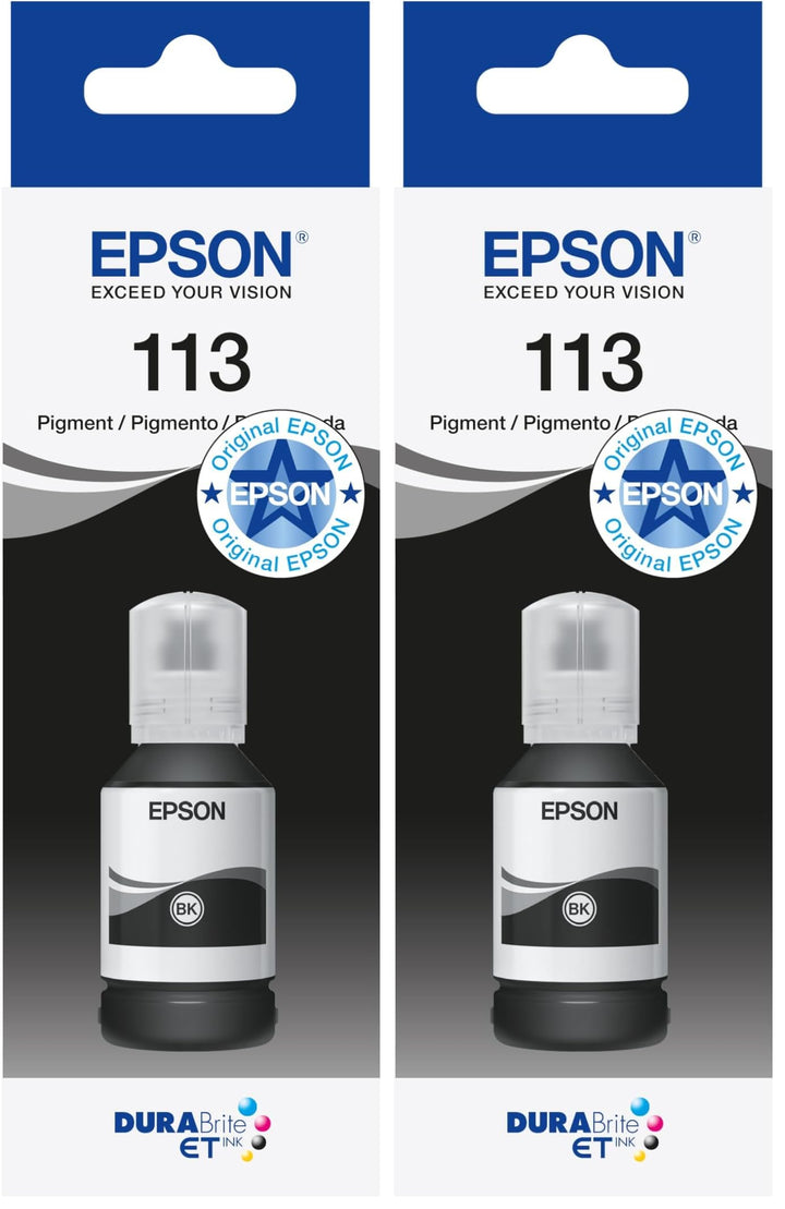 Epson EcoTank 113 Original Tintenflasche, Schwarz, Pigmenttinte (Packung mit 2) Schwarz 127 ml (Pack