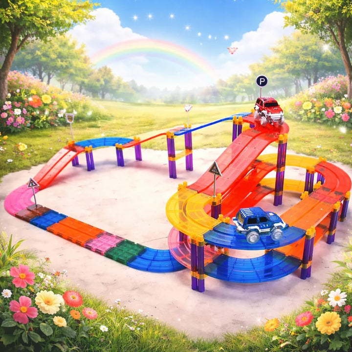 Wonder Toys 122 Stück Rennauto-Bausteine - Lernspielzeug - Magnetfliesen - Spielset 2 LKW - Lernbaus