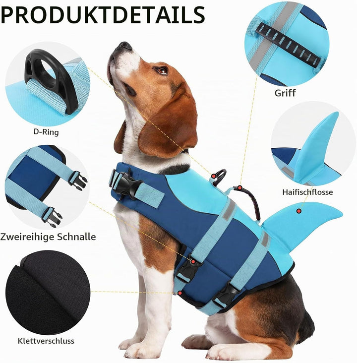 CITÉTOILE Schwimmweste Hund Hai, Hundeschwimmweste mit Griff, Blau, L | Verstellbar Rettungsweste mi