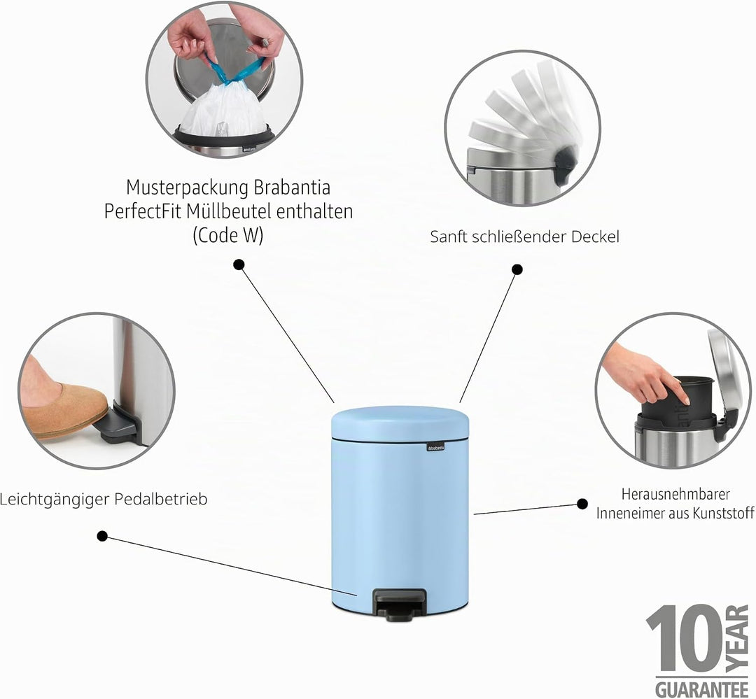 Brabantia - NewIcon Treteimer 5L - Kleiner Abfalleimer für Bad oder Toilette - Sanft Schliessender D