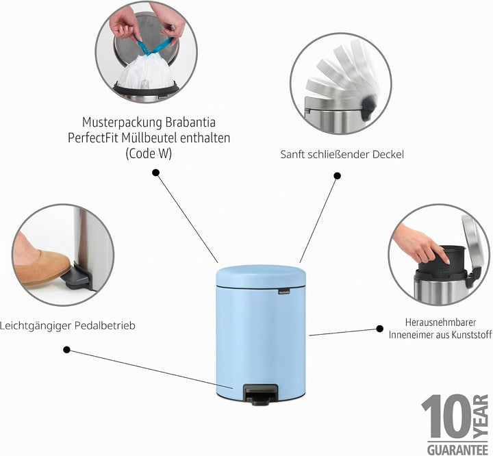 Brabantia - NewIcon Treteimer 5L - Kleiner Abfalleimer für Bad oder Toilette - Sanft Schliessender D