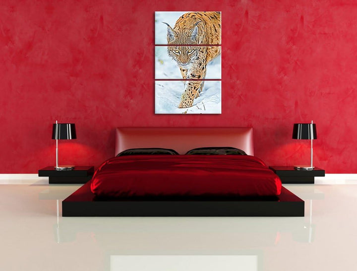 wachsamer Luchs im Schnee Spezial 3-Teiler Leinwandbild 120x80 Bild auf Leinwand, XXL riesige Bilder