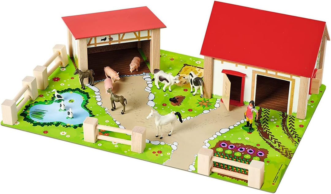 Eichhorn Bauernhof 100004309 - Bauernhof bestehend aus 2 Gebäuden, Spielplatte, Figuren, Tiere, Zäun