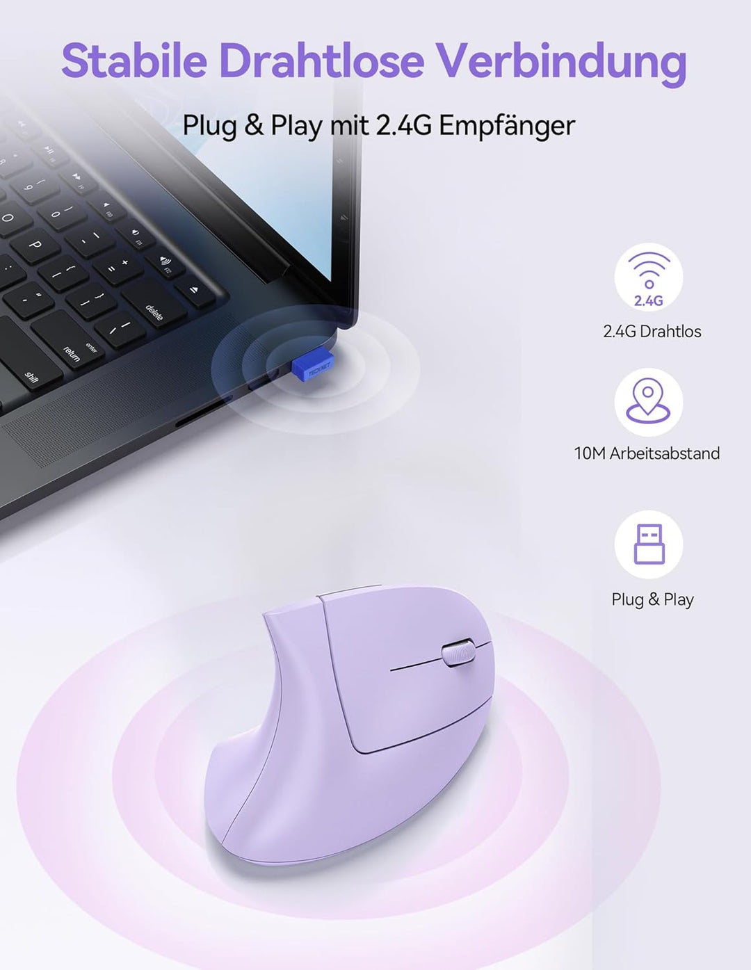 TECKNET Wiederaufladbar Ergonomische Maus Kabellos, 2.4G Optische Vertikale Maus Ergonomisch, 5 Eins