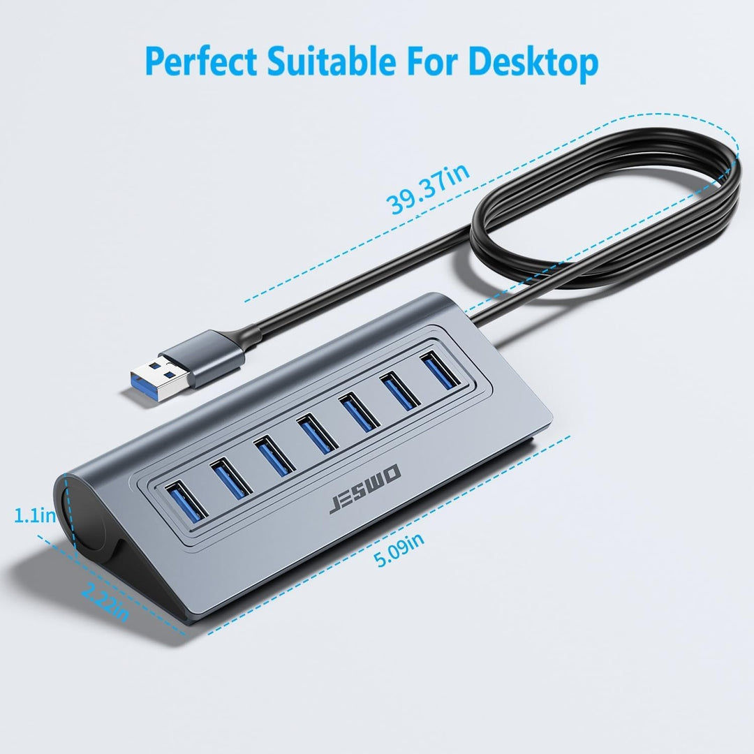JESWO USB HUB mit Netzteil, Aluminium USB 3.0 Hub Aktiv mit 7-Port USB Verteiler 3.0 mit 5V/4A Netzt