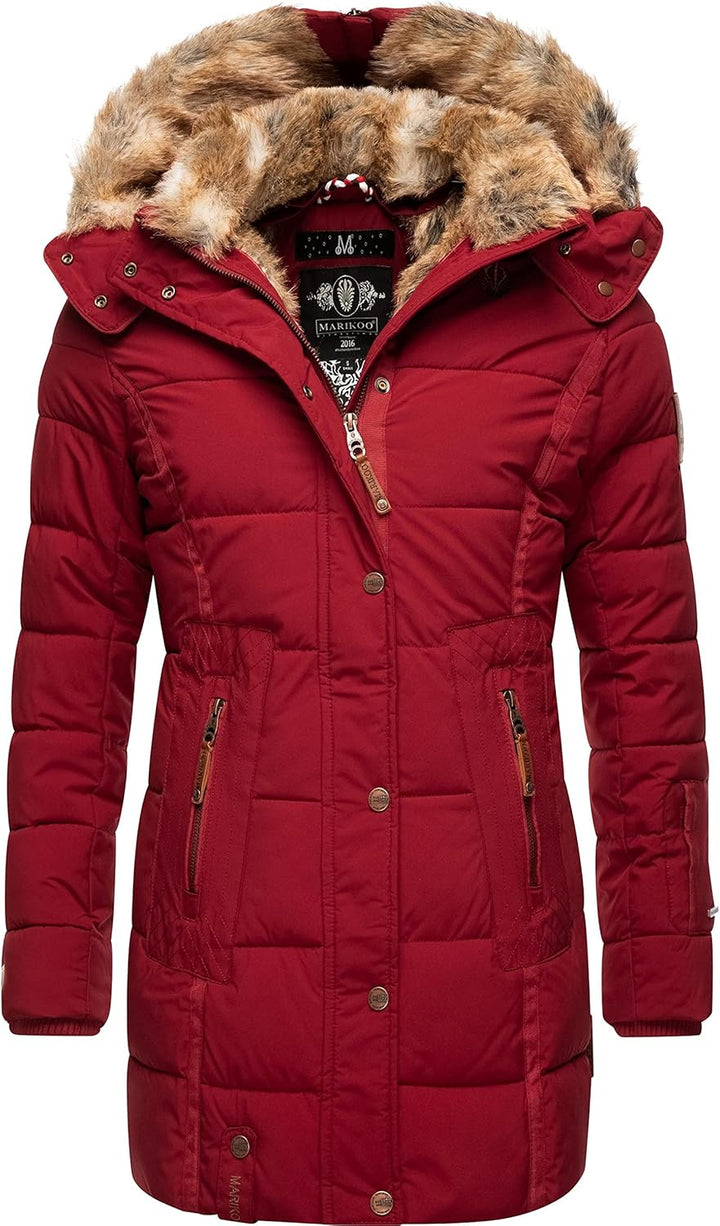 MARIKOO Damen Warmer Winter Steppmantel mit Kapuze Lieblings Jacke XS-XXL XS Blood Red, XS Blood Red