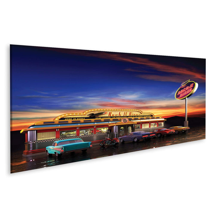 islandburner Bild auf Leinwand Retro American Diner In Der Abenddämmerung Wandbild Poster Kunstdruck