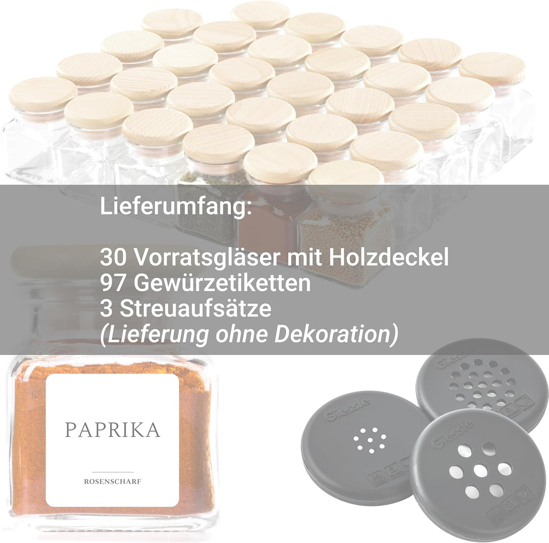 Giessle® 30x kleine 7,5cm hohe Gewürzgläser mit Deckel aus Holz Gewürzgläschen Set Gewürzdosen klein