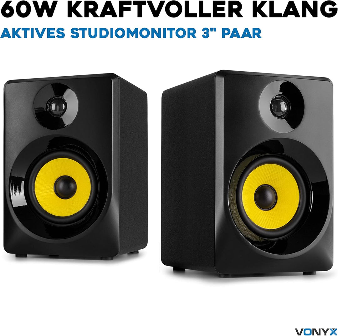 Vonyx SMN30B - Studio Monitor, Aktiv Lautsprecher Set, 60 Watt, 3 Zoll Studiolautsprecher Set, DJ Mo