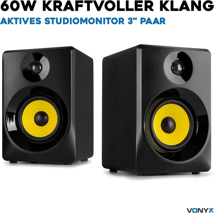 Vonyx SMN30B - Studio Monitor, Aktiv Lautsprecher Set, 60 Watt, 3 Zoll Studiolautsprecher Set, DJ Mo