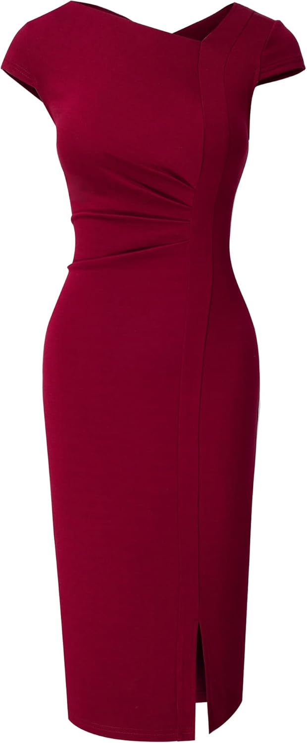 HOMEYEE Damen Vintage V-Ausschnitt Bodycon Business Bleistiftkleid mit Schlitz B700, XL Burgund