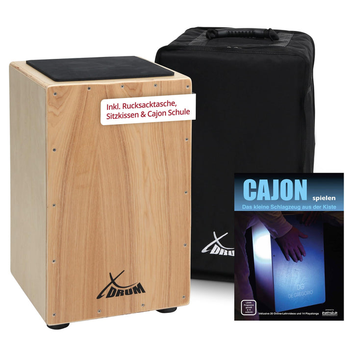XDrum Cajon Primero Natur - Kistentrommel inkl. Rucksacktasche und Schule - Trommelkiste mit Snare S