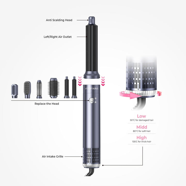 Atopskins Pro Air styler 6 in 1 Airbrush Haarstyler Hair Styler mit Rundbürste, Warmluftbürste, Föhn