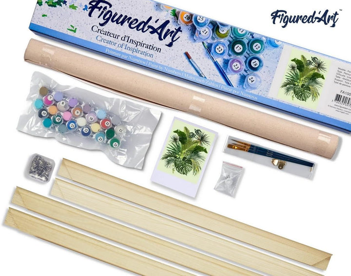 Figured'Art Malen Nach Zahlen Erwachsene Mit Rahmen Grüne Blätter - Paint by Numbers Basteln DIY Bas