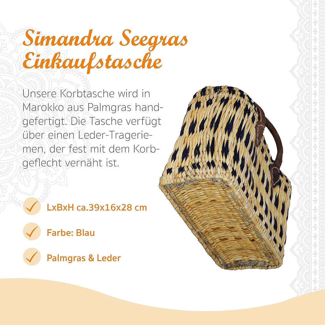 Simandra Seegras Korb, blau I Handgefertigte Korbtasche mit Trageriemen aus Leder I Abmessungen: 39