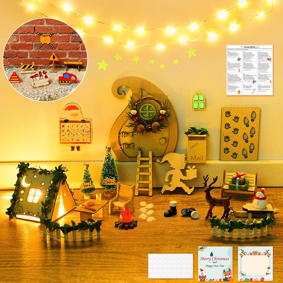 Wichteltür Set Wichtel Zubehör für Weihnachten 63 Stück, mit Zelt, Wichtel Baustelle, 12 Wichtelbrie