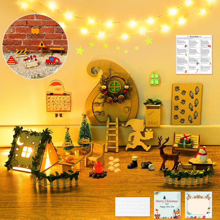 Wichteltür Set Wichtel Zubehör für Weihnachten 63 Stück, mit Zelt, Wichtel Baustelle, 12 Wichtelbrie