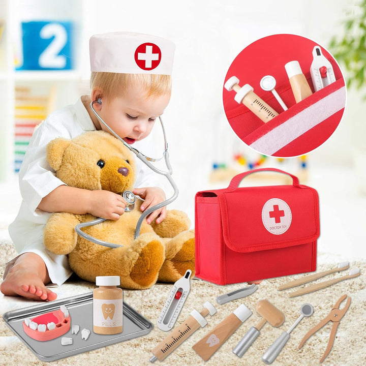 Mardo Arztkoffer Kinder Holz Doktorkoffer mit Echtem Stethoskop, Arztkittel und Doktortasche in Rot,