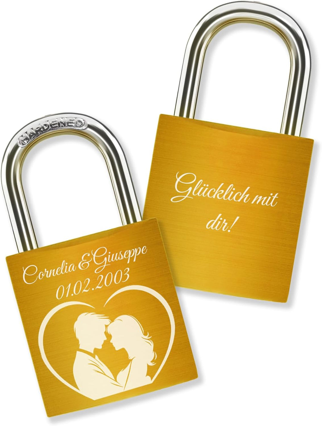 Liebesschloss mit Gravur + 2 Schlüssel - Gelb - frei gestaltbar mit vielen Farben, Pärchenmotiven &