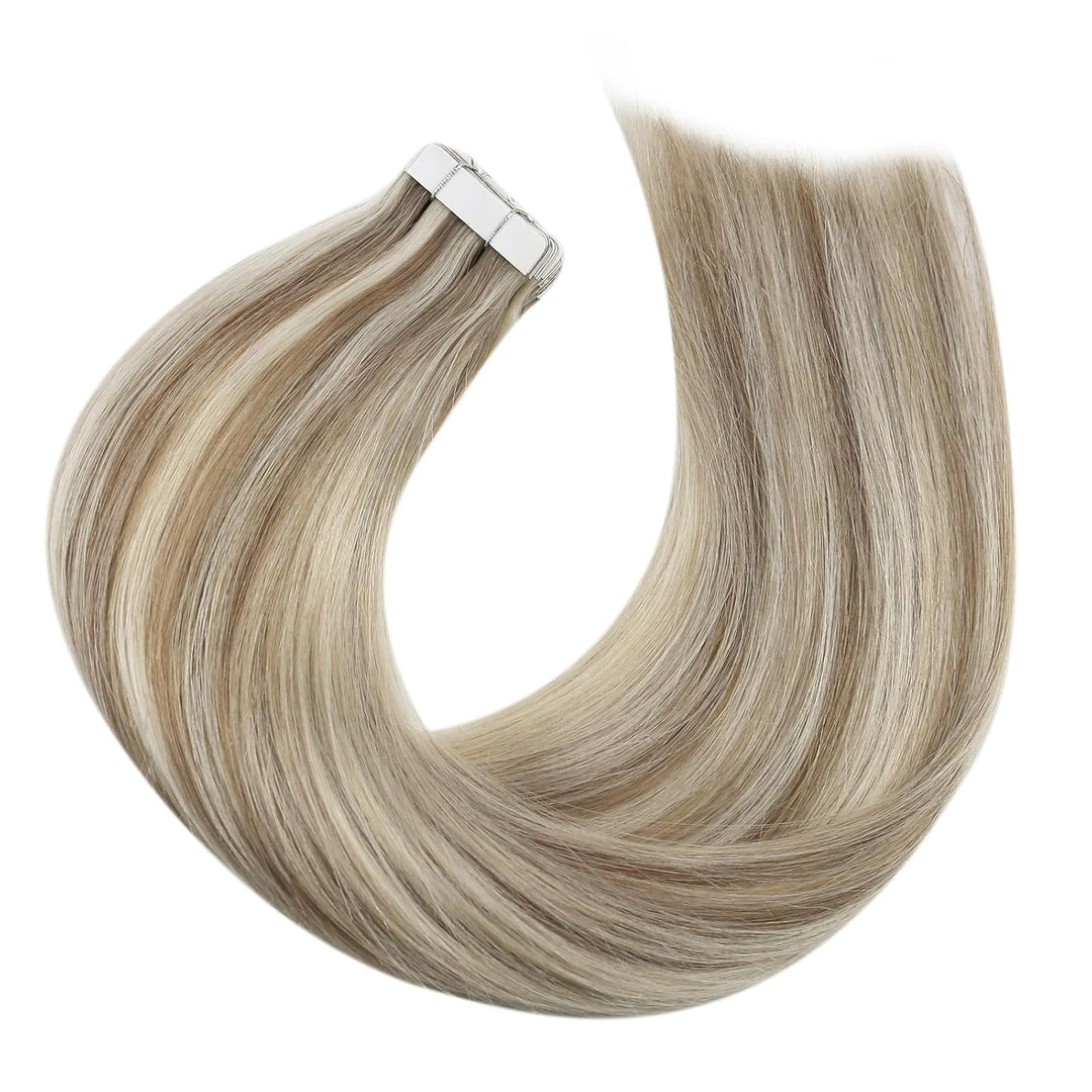 Moresoo Tape Extensions Blond Haarverlängerung Echthaar Tapes Hellbraun mit Platinblond Unsichtbare