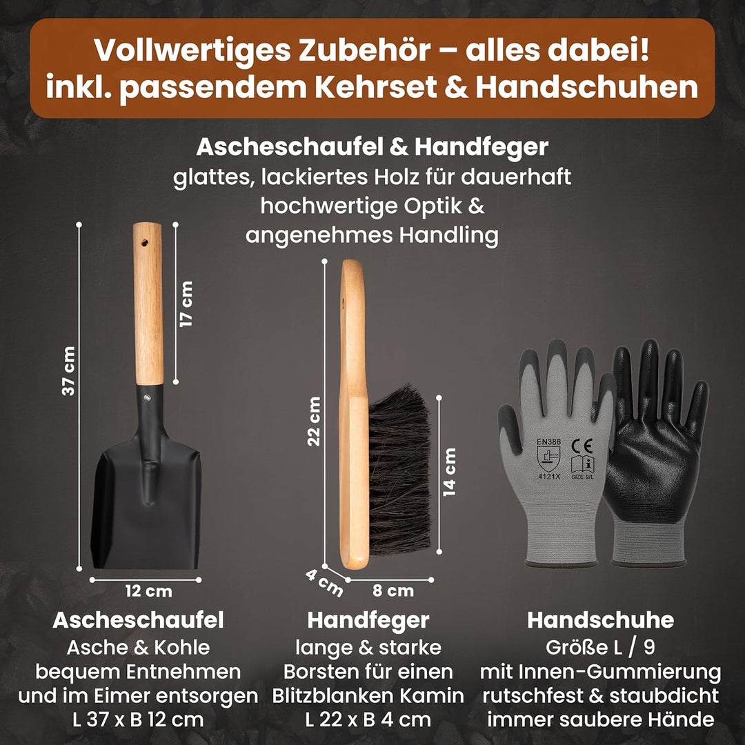 BLACK OAK Ascheeimer PAGO 5L - schwarz mit Deckel mit Holz-Griff + Feger + Schaufel & Handschuhen -