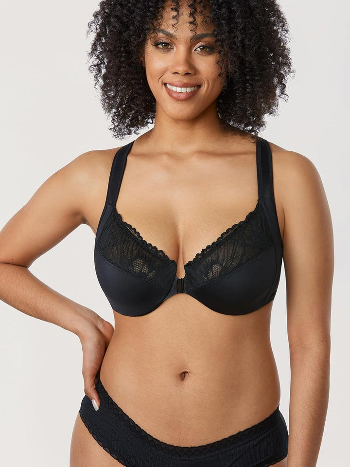 AISILIN BH Damen mit Bügel Vorderverschluss Racerback Spitze ohne Polster Grosse Grössen 75C Schwarz