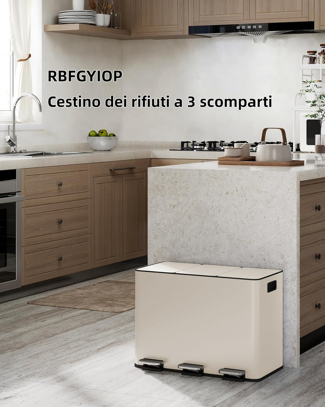 GarveeHome Mülleimer 3 Fächer 45L, Mülltrennsystem mit 3 x 15L Deckel aus Edelstahl, Treteimer Küche