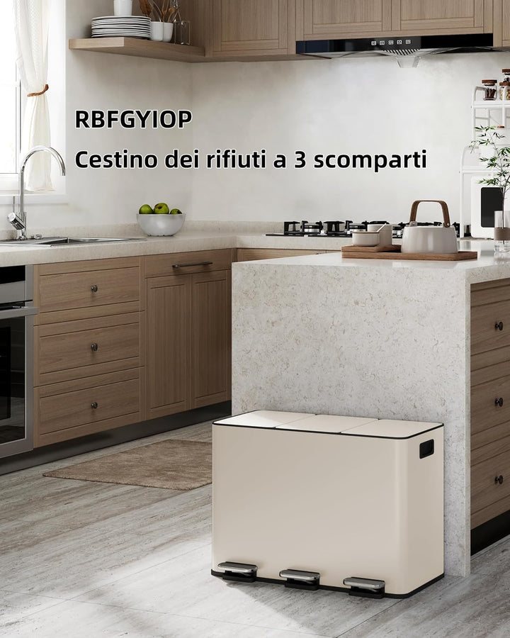 GarveeHome Mülleimer 3 Fächer 45L, Mülltrennsystem mit 3 x 15L Deckel aus Edelstahl, Treteimer Küche